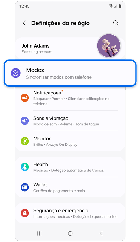 Ecrã inicial Definições do relógio.