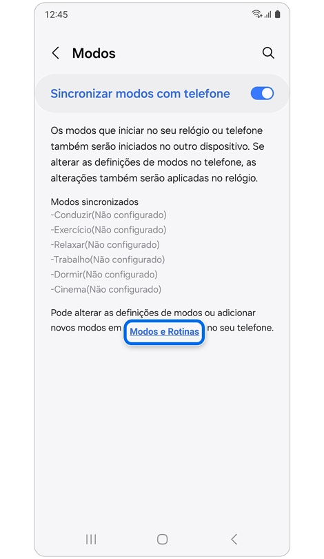 Ecrã para sincronizar modos com o seu telemóvel.