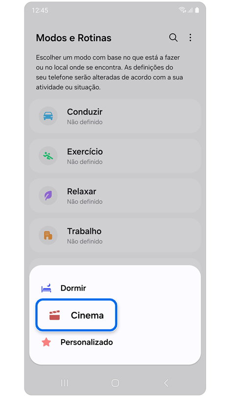 Ecrã com lista dos modos disponíveis.