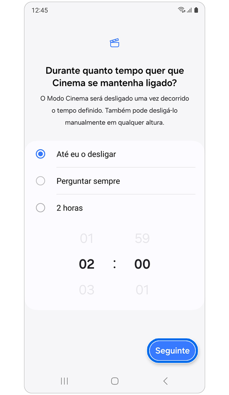 Opções de duração para o modo Cinema.