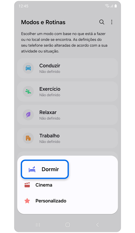 Ecrã com lista dos modos disponíveis.