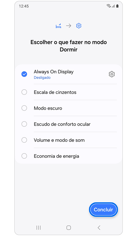 Opções de personalização de ação para o modo "Dormir".