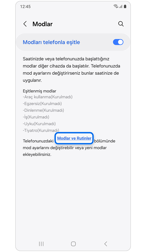 Telefonunuzla modları senkronize etme ekranı.