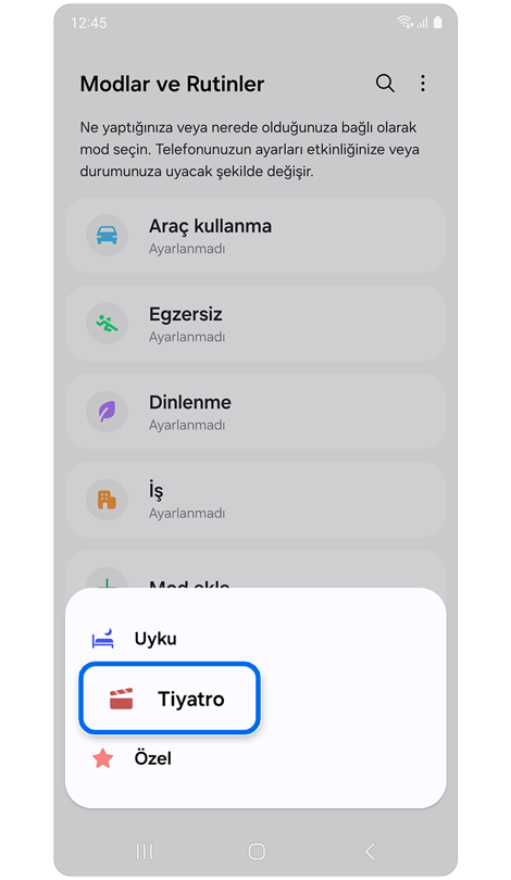 Kullanılabilir modların listesinin yer aldığı ekran.