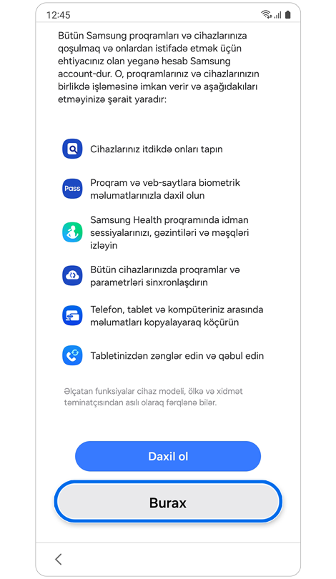 Samsung Hesabını qurmaq üçün atlanır