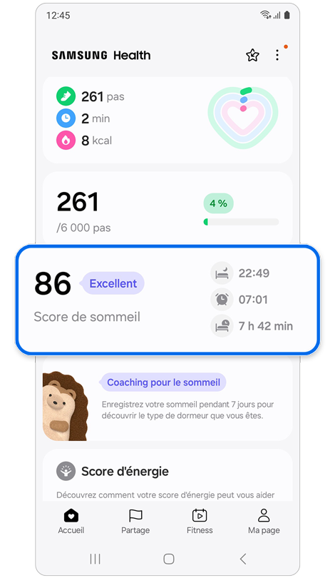 Écran d'accueil de l'application Samsung Health.