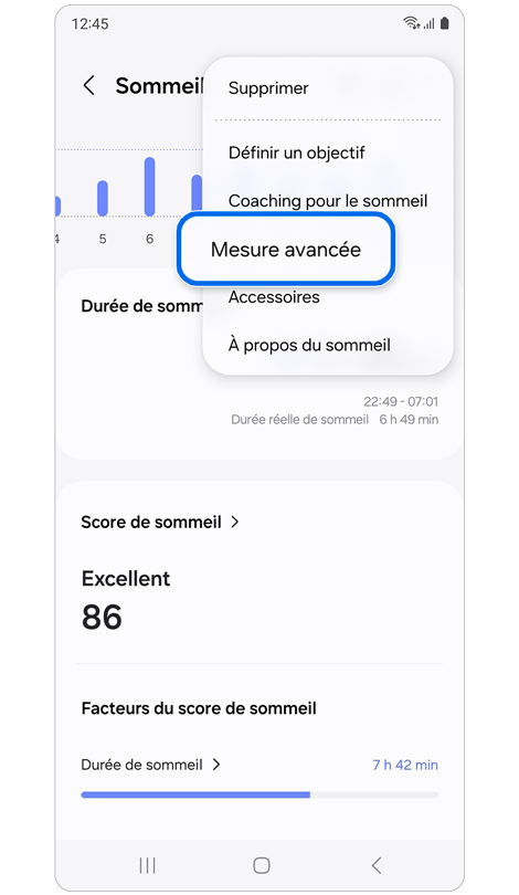 Écran d'accueil du menu sommeil de l'application Samsung Health.