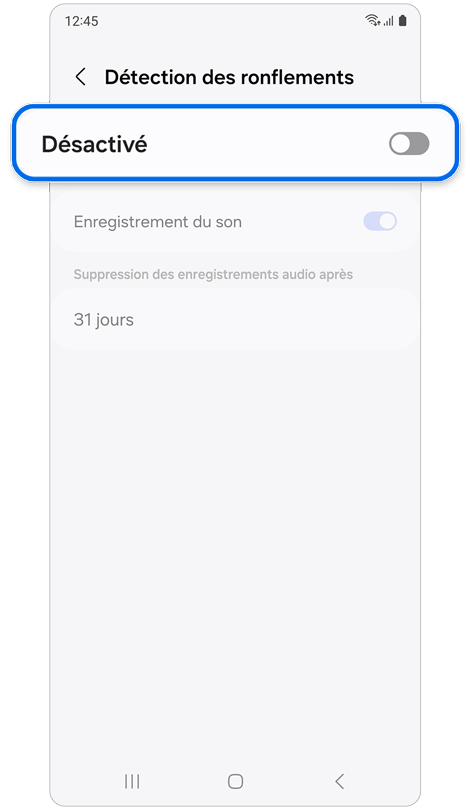 Écran d'accueil du menu de détection des ronflements de l'application Samsung Health.
