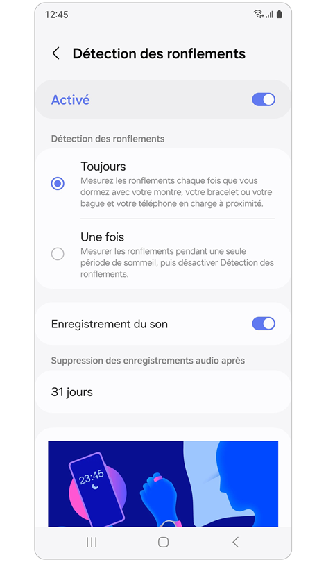 Écran d'accueil du menu de détection des ronflements de l'application Samsung Health.