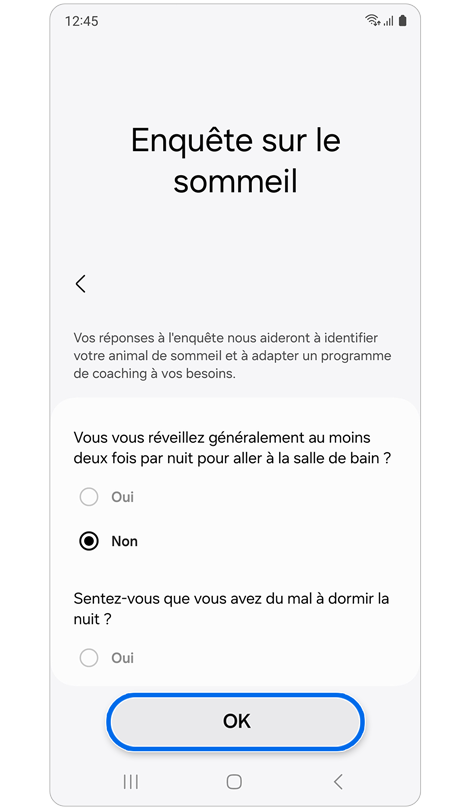 Écran du sondage sur le sommeil de l'application Samsung Health.