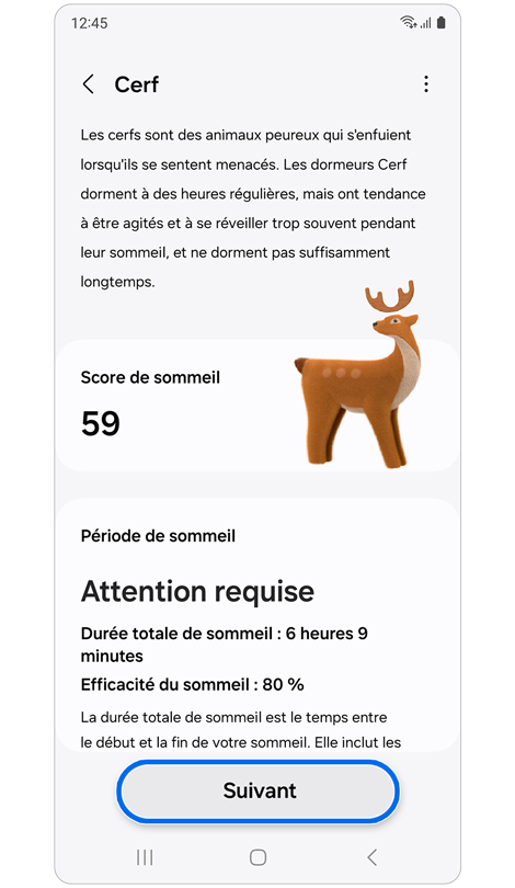 Écran du rapport de données de sommeil sur l'application Samsung Health.