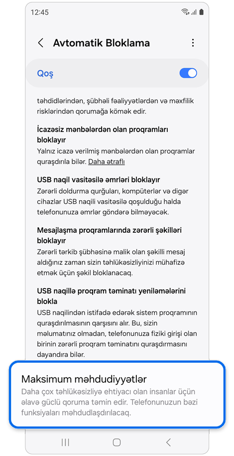 Avtomatik Bloklama parametrləri səhifəsi