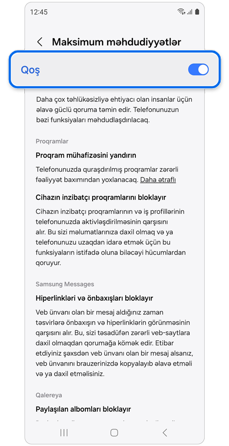 Maksimum məhdudiyyətlər parametrləri səhifəsi