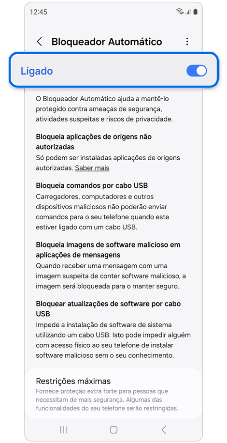 Ecrã de definições do Bloqueador Automático.