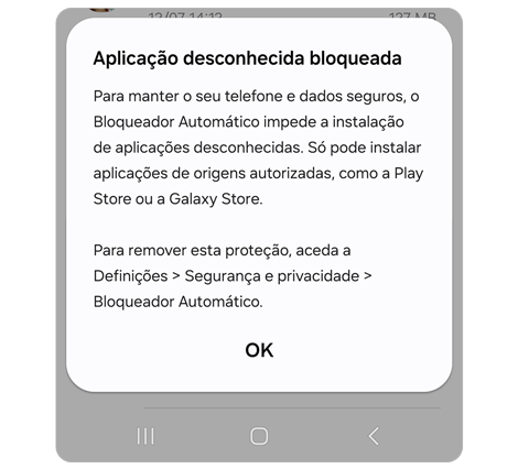 Alerta pop-up para instalar aplicação de fonte desconhecida.