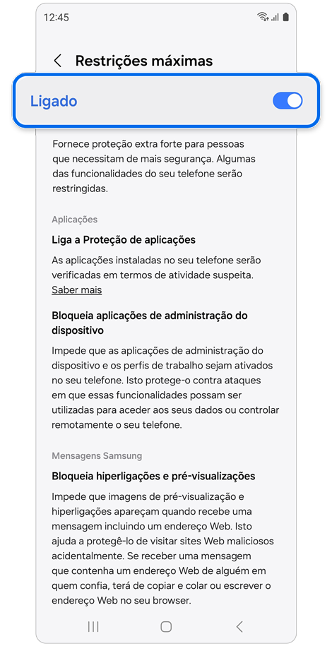 Página de definições de Restrições máximas