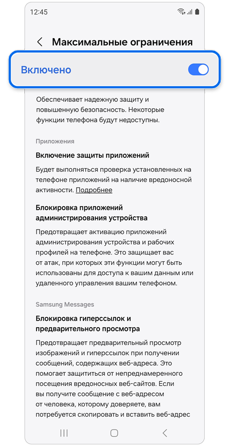 Страница настроек Максимальные ограничения