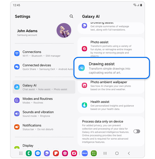 Settings home screen.
