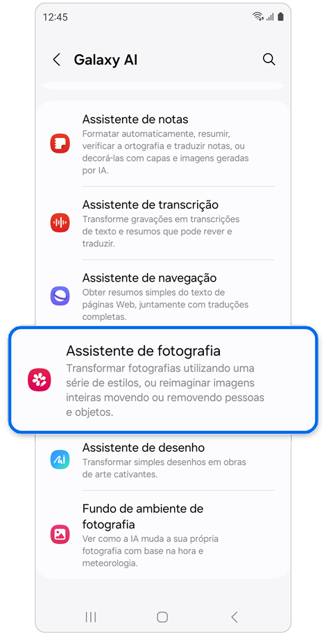 Opções da funcionalidade Galaxy AI