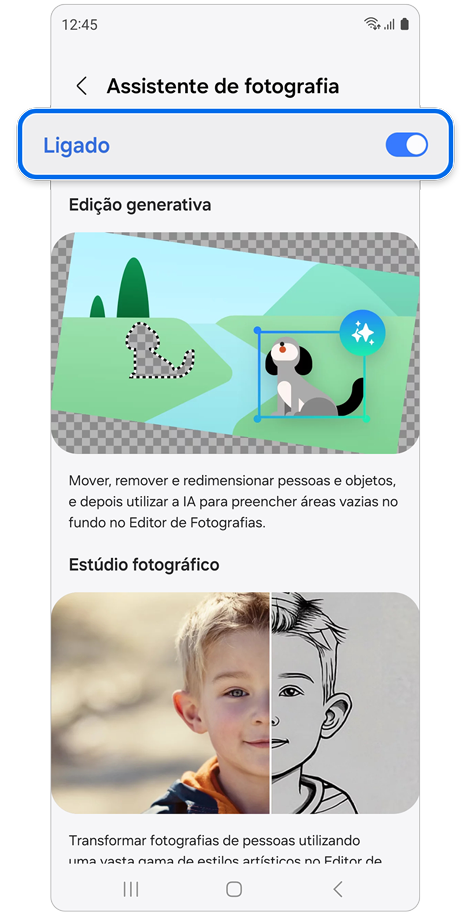 Tocar no comutador para ativar a funcionalidade Assistente de fotografia