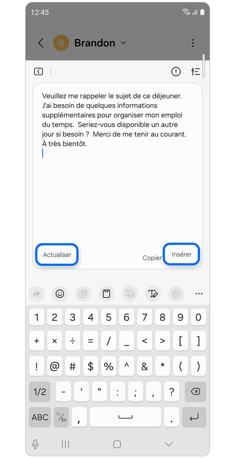 Écran d’un message message texte affichant un message texte généré.