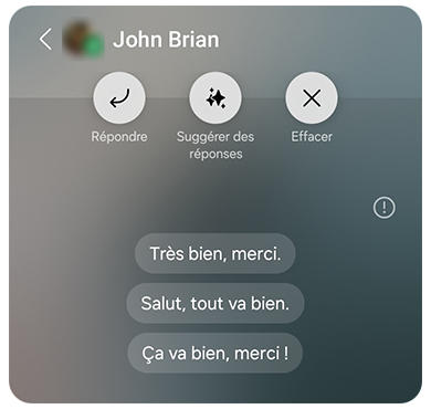 Message et réponses suggérées.