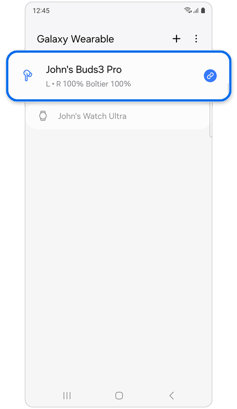Liste d'appareils connectés dans l'application Galaxy Wearable.