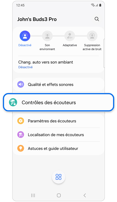 Écran d'accueil du menu des paramètres des écouteurs Galaxy Buds3 ou Galaxy Buds3 Pro.
