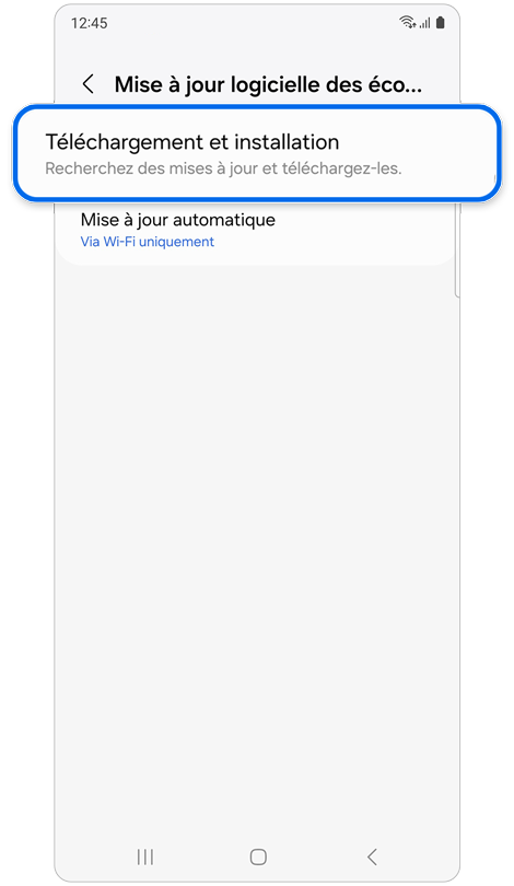 Écran d'accueil du menu de mise à jour du logiciel des écouteurs.
