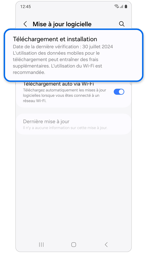 Écran d'accueil menu de mise à jour logicielle sur un appareil mobile Samsung Galaxy.