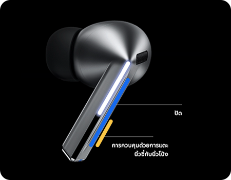 หูฟัง Galaxy Buds3 Pro ที่มีไฮไลต์บริเวณสำหรับการควบคุมด้วยการจิกนิ้วและการควบคุมด้วยการปัด