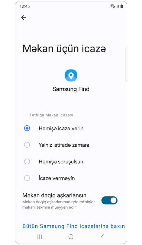 Samsung Find üçün Məkan üçün icazə ekranı