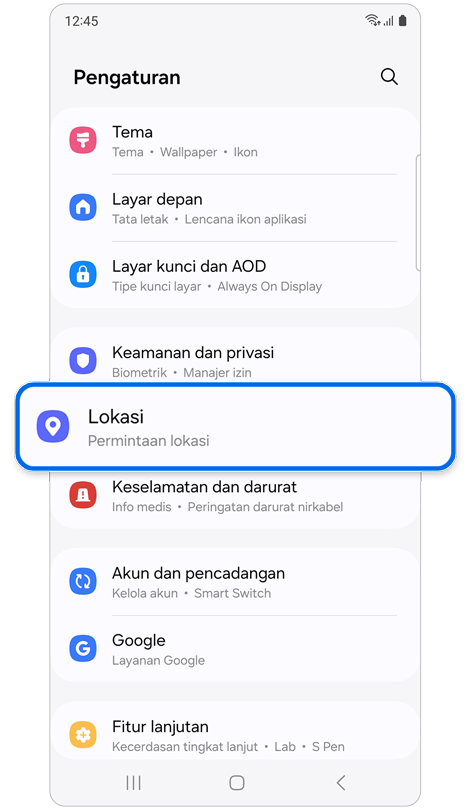 Beranda layar pengaturan