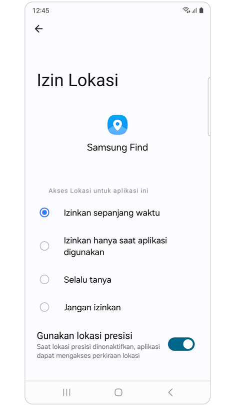 Layar izin lokasi untuk Samsung Find