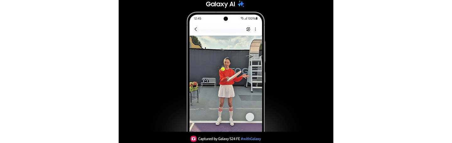 The video slows down as the tennis ball is hit. A circle at the bottom indicates where the Instant Slow-mo effect is applied when the phone is touched. Text reads Captured by Galaxy S24 FE #withGalaxy