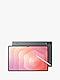 Een Galaxy Tab S en een Galaxy Tab S Ultra, naar voren gericht met een oranje en paarse achtergrond op de schermen.
