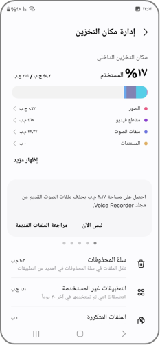 صورة لشاشة "التخزين" ضمن ميزة العناية بالجهاز.
