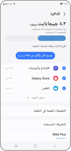 صورة لشاشة "الذاكرة" ضمن ميزة العناية بالجهاز