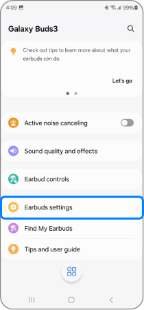 View of the “Galaxy Buds” screen with “Earbuds settings” highlighted.