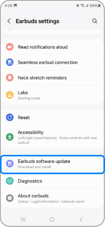 View of the “Earbuds settings” menu with “Earbuds software update” highlighted.