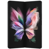 Galaxy Z Fold3 5G, standing upright and folded slightly, with a colorful wallpaper on the Main Screen.