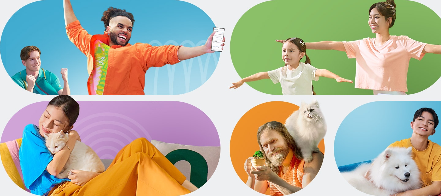 There are men, women and pets in various life scenarios next to different types of Samsung WindFree products. The screen slides right to reveal more people and products, indicating  the title; That's why 13million users choose WindFree™.