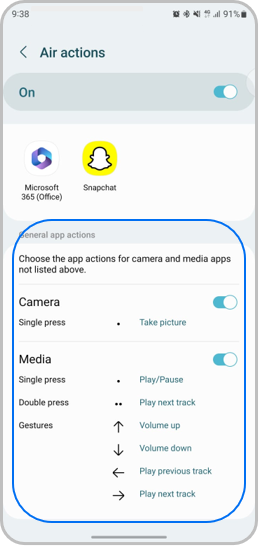 Set actions for camera and media apps
