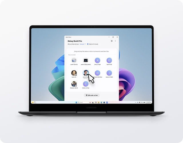 The Quick Share user interface is showcased on a Galaxy Book5 Pro, with icons of recommended devices.