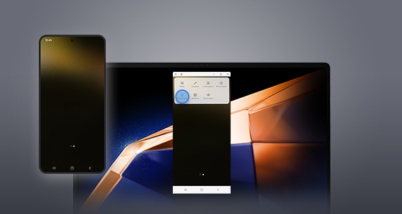 Smartphone's Home screen is shown on tablet through the Smart View function. Smartphone's screen is dimmed when Smart View function is running.