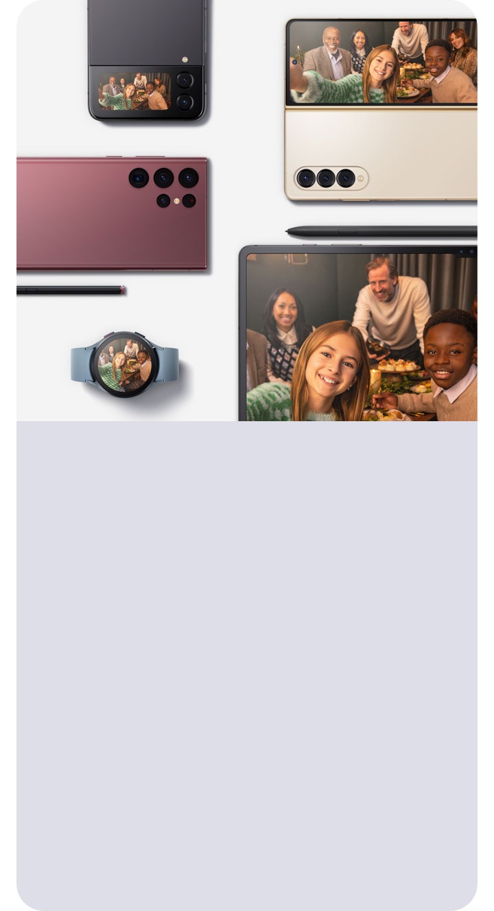 Various Galaxy devices with a girl’s family selfie on all the screens.