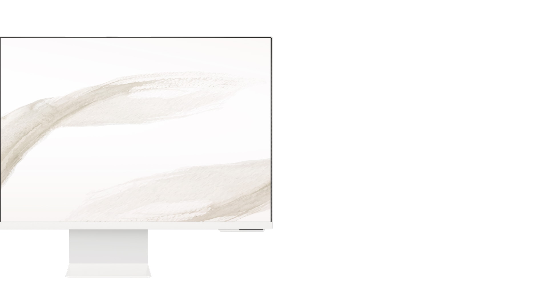 A white monitor is shown with an abstract screen saver.