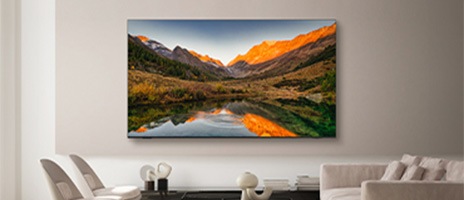 Wall-mounted Samsung TV with a marvelous nature picture on a screen