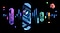 There are blue, purple, and yellow vertical lines in different lengths to represent the shape of a sound wave. Between those lines, there are oval shapes. In each oval, there are illustrations of people doing yoga, using laptop on the couch, cooking in a kitchen, and reading a book on a sunbed.