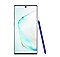 Front-facing view of a Galaxy Note10 standing upright with a blue S Pen leaning against its right side